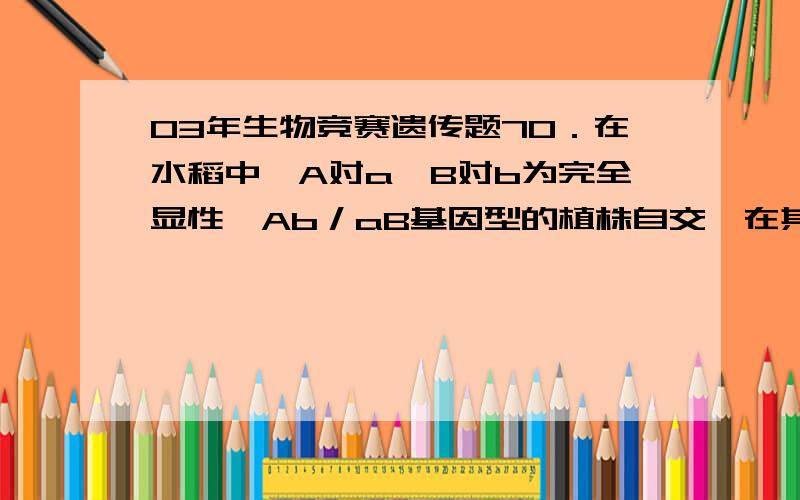 03年生物竞赛遗传题70．在水稻中,A对a、B对b为完全显性,Ab／aB基因型的植株自交,在其后代中数日最少的类型占子代总数的0．16％,则A-a和B-b两个基因座之间的距离为几个图距单位.A．0．16 B．0