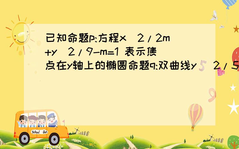 已知命题p:方程x^2/2m+y^2/9-m=1 表示焦点在y轴上的椭圆命题q:双曲线y ^2/5-x^2/m=1的离心率e∈（√6／2,√2） 若命题p,q中有且只有一个为真命题,求实数m的取值范围