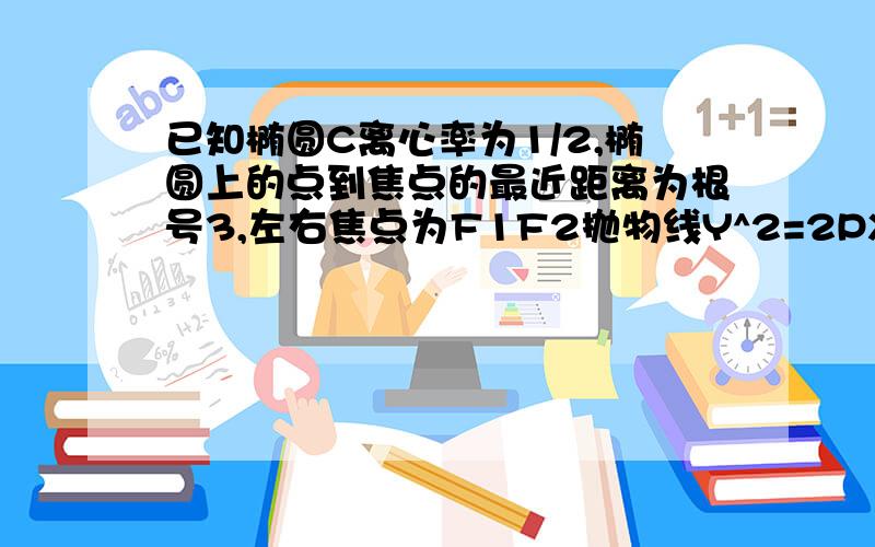 已知椭圆C离心率为1/2,椭圆上的点到焦点的最近距离为根号3,左右焦点为F1F2抛物线Y^2=2PX的焦点与F2重合求椭圆和抛物线方程