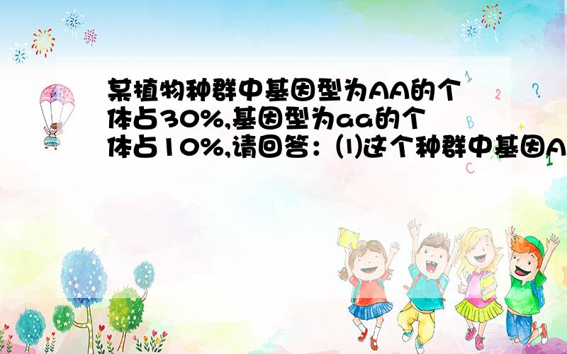 某植物种群中基因型为AA的个体占30%,基因型为aa的个体占10%,请回答：⑴这个种群中基因A的频率为         ,a的基因频率为             .⑵这个种群个体随机交配三代后,基因型AA的个体占           %,a