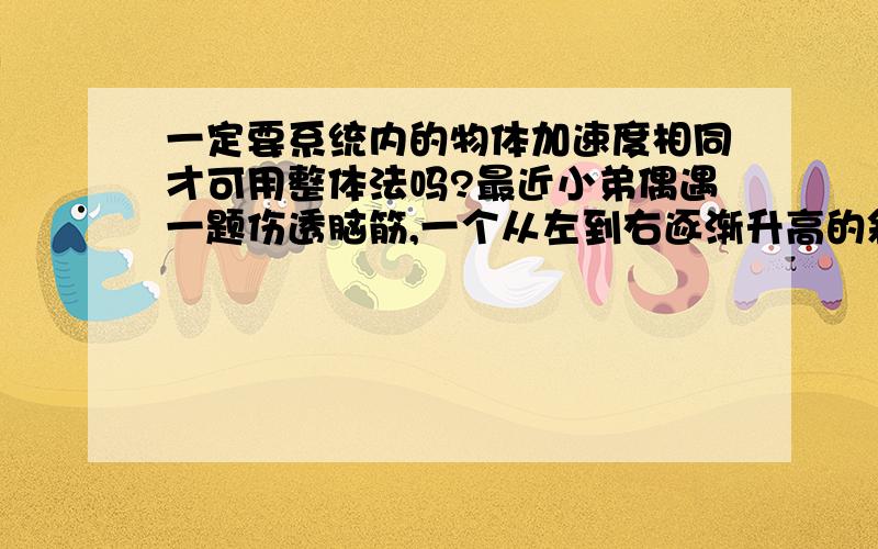 一定要系统内的物体加速度相同才可用整体法吗?最近小弟偶遇一题伤透脑筋,一个从左到右逐渐升高的斜面,斜面顶端有一个定滑轮,物体A和B靠一跨过定滑轮的线相连,A在斜面上,B在斜面右侧悬