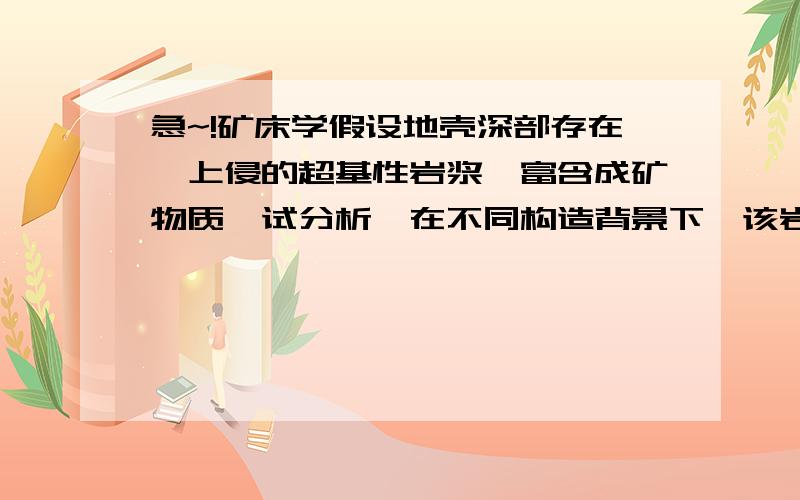 急~!矿床学假设地壳深部存在一上侵的超基性岩浆,富含成矿物质,试分析,在不同构造背景下,该岩浆侵位后所发生的成矿作用过程,并分析所形成的矿床的基本特征.