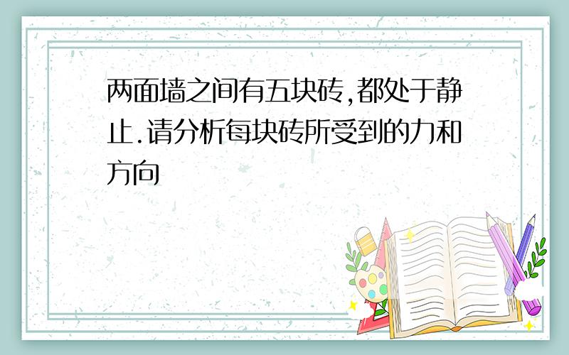 两面墙之间有五块砖,都处于静止.请分析每块砖所受到的力和方向