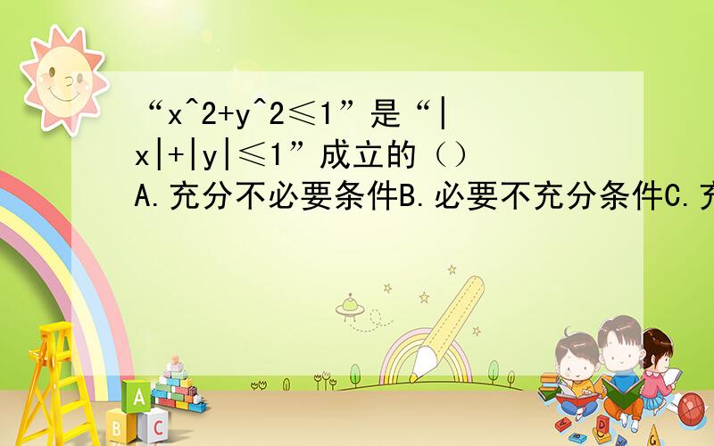 “x^2+y^2≤1”是“|x|+|y|≤1”成立的（）A.充分不必要条件B.必要不充分条件C.充要条件D……D.既不充分也不必要条件