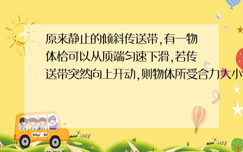 原来静止的倾斜传送带,有一物体恰可以从顶端匀速下滑,若传送带突然向上开动,则物体所受合力大小( )A.不变 B.变大 C.变小 D.不能确定