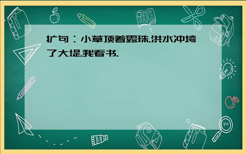 扩句：小草顶着露珠.洪水冲垮了大堤.我看书.