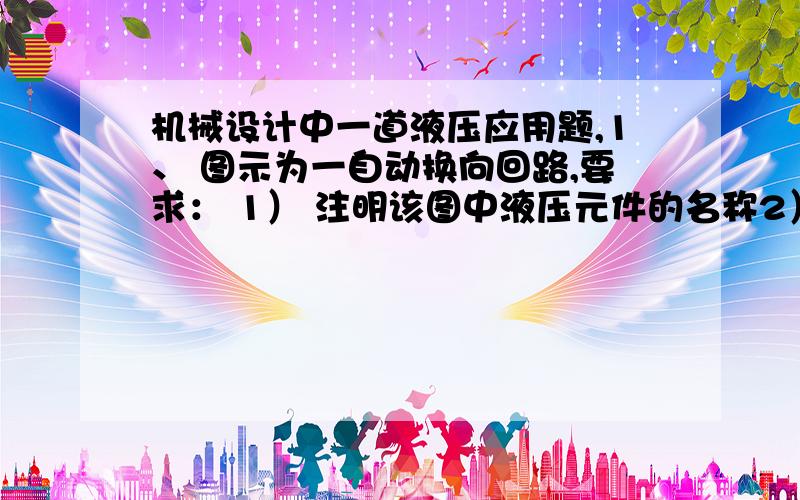 机械设计中一道液压应用题,1、 图示为一自动换向回路,要求： 1） 注明该图中液压元件的名称2） 说明其自动换向过程