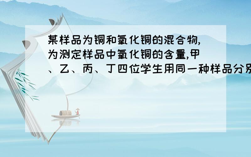 某样品为铜和氧化铜的混合物,为测定样品中氧化铜的含量,甲、乙、丙、丁四位学生用同一种样品分别进行实数据如下：学生 甲 乙 丙 丁所用固体样品的 质量 30 25 20 20加入硫酸溶液的质量 10