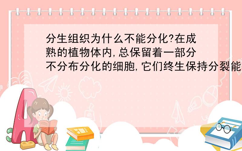 分生组织为什么不能分化?在成熟的植物体内,总保留着一部分不分布分化的细胞,它们终生保持分裂能力,这样的细胞群构成的组织,叫分生组织,那么请问,分生组织为什么不能进一步分化?