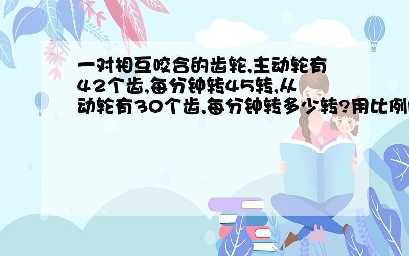 一对相互咬合的齿轮,主动轮有42个齿,每分钟转45转,从动轮有30个齿,每分钟转多少转?用比例解