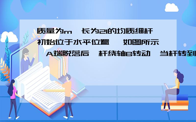 质量为m,长为2l的均质细杆初始位于水平位置, 如图所示,A端脱落后,杆绕轴B转动,当杆转到铅垂位置时,AB杆的角加速度的大小是多少?