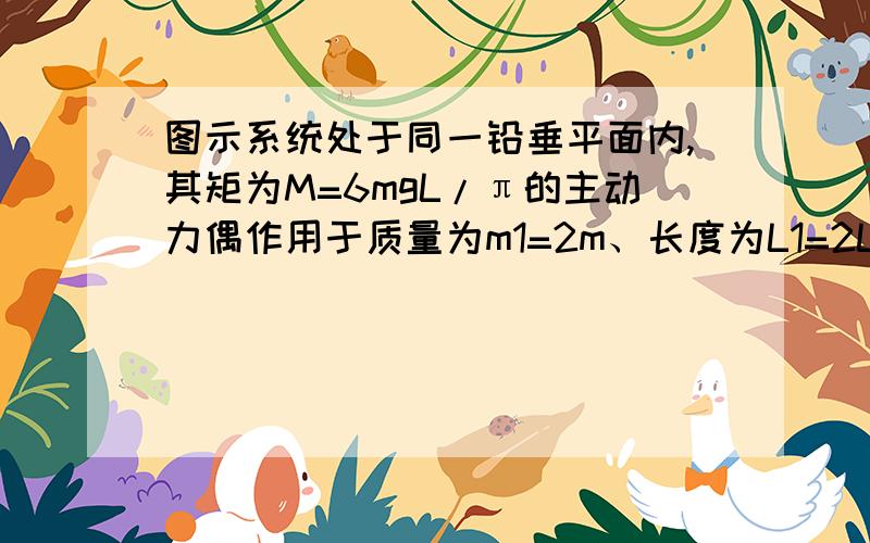 图示系统处于同一铅垂平面内,其矩为M=6mgL/π的主动力偶作用于质量为m1=2m、长度为L1=2L的均质细直杆BD上（点O为BD的中点）；均质细直杆AB的质量为m、长度为L；弹簧的原长为L,刚度系数k=mg/(2L