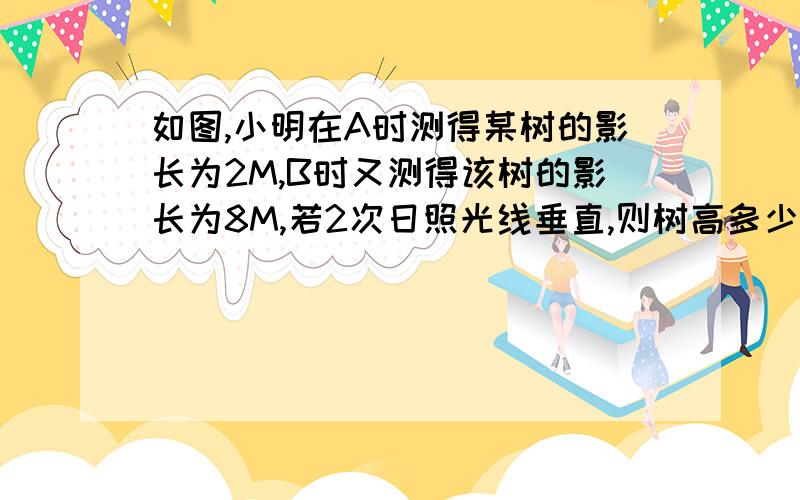 如图,小明在A时测得某树的影长为2M,B时又测得该树的影长为8M,若2次日照光线垂直,则树高多少?就是一个RT三角形.树就是三角形的高,2直角边的延迟线上有2个太阳（A时和B时）