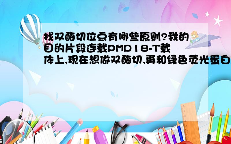 找双酶切位点有哪些原则?我的目的片段连载PMD18-T载体上,现在想做双酶切,再和绿色荧光蛋白的载体连接起来做表达,已经确认一个酶EcorI,另一个酶不知道该选哪一个?不知道这其中有什么要注