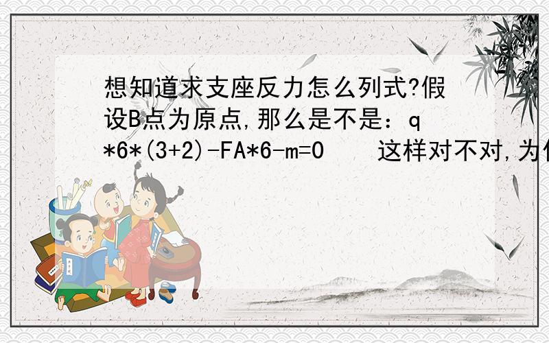 想知道求支座反力怎么列式?假设B点为原点,那么是不是：q*6*(3+2)-FA*6-m=0    这样对不对,为什么是-m不是+m呢?