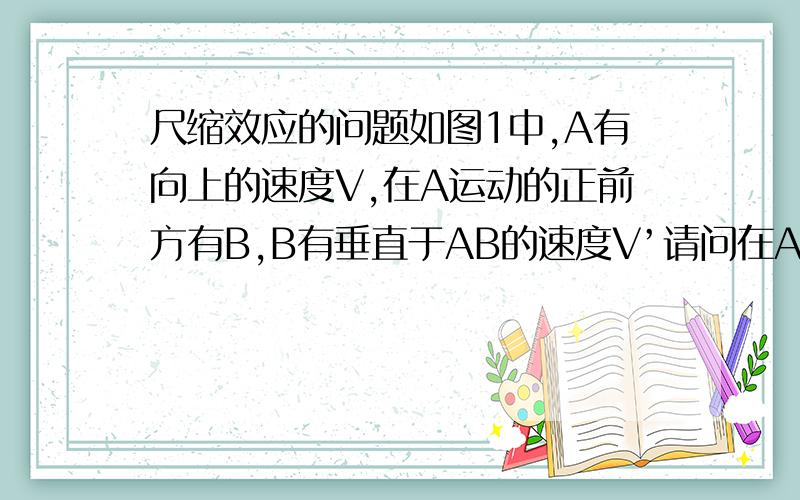 尺缩效应的问题如图1中,A有向上的速度V,在A运动的正前方有B,B有垂直于AB的速度V’请问在A静止的惯性系中,B在什么位置?我是这样想的,以当前的惯性系中,设B点有一静止点O,那么,O观测A的钟变