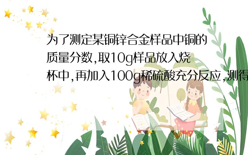 为了测定某铜锌合金样品中铜的质量分数,取10g样品放入烧杯中,再加入100g稀硫酸充分反应,测得反应后烧杯中所有物质质量为109.8g,计算：1.生成氢气质量2.此铜锌合金样品中铜的质量分数(结果