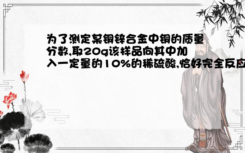 为了测定某铜锌合金中铜的质量分数,取20g该样品向其中加入一定量的10%的稀硫酸,恰好完全反应,产生氢气0.2g.求完全反应所得溶液质量我解的是104.3g,但我的老师说不对,希望给与正确解答,