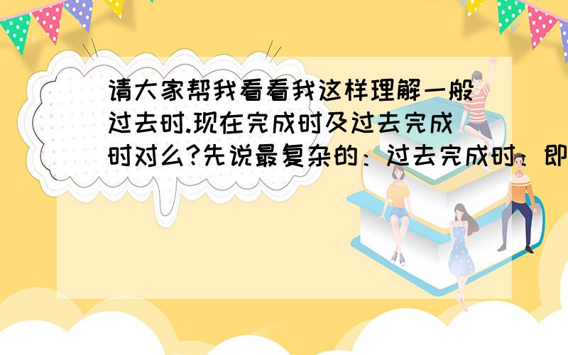 请大家帮我看看我这样理解一般过去时.现在完成时及过去完成时对么?先说最复杂的：过去完成时：即过去的过去所发生的事情!由had+过去分词组成现在完成时：即一直在持续的状态,比如中