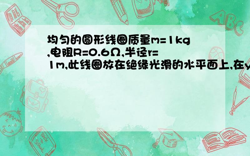 均匀的圆形线圈质量m=1kg,电阻R=0.6Ω,半径r=1m,此线圈放在绝缘光滑的水平面上,在y轴右侧有垂直于...均匀的圆形线圈质量m=1kg,电阻R=0.6Ω,半径r=1m,此线圈放在绝缘光滑的水平面上,在y轴右侧有垂