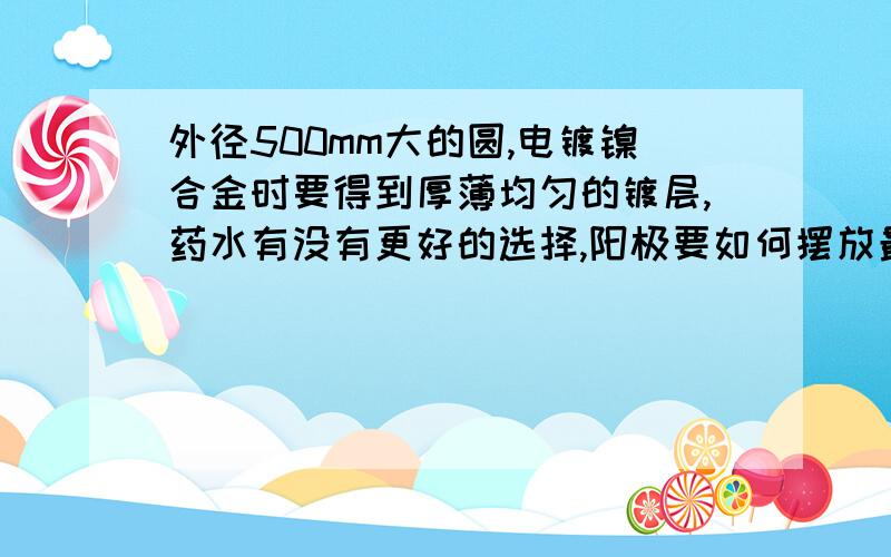 外径500mm大的圆,电镀镍合金时要得到厚薄均匀的镀层,药水有没有更好的选择,阳极要如何摆放最合理?