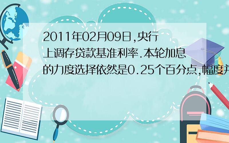 2011年02月09日,央行上调存贷款基准利率.本轮加息的力度选择依然是0.25个百分点,幅度并不大,但选择的时机非常果断,表明央行今年抗通胀的底气很足,通过本次加息,已经在宣布,中国的货币政