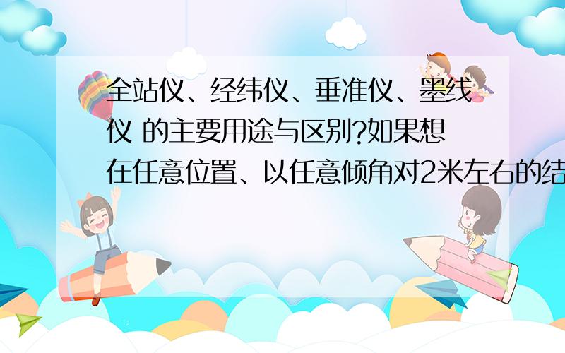 全站仪、经纬仪、垂准仪、墨线仪 的主要用途与区别?如果想在任意位置、以任意倾角对2米左右的结构打出光平面,哪些设备可用?另外,每种设备中的基本型大致价格如何?（很遗憾分用光了）