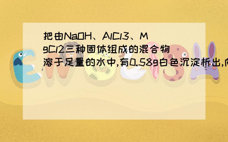 把由NaOH、AlCl3、MgCl2三种固体组成的混合物溶于足量的水中,有0.58g白色沉淀析出,向所得的浊液里,逐渐加入0.5mol/L的盐酸,加入盐酸的体积和生成沉淀的质量如图所示：(1)混合物中NaOH的质量是__