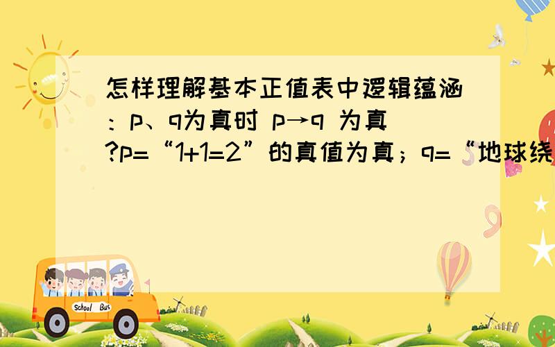 怎样理解基本正值表中逻辑蕴涵：p、q为真时 p→q 为真?p=“1+1=2”的真值为真；q=“地球绕着太阳转”的真值为真；p→q=“如果1+1=2,那么地球绕着太阳转” 为真还是假?基本真值表作为符号逻