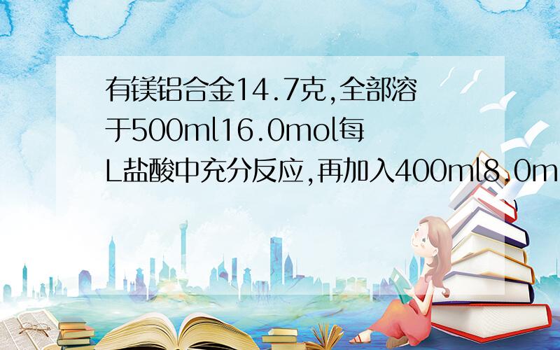 有镁铝合金14.7克,全部溶于500ml16.0mol每L盐酸中充分反应,再加入400ml8.0mol|升的NaOH溶液,结果得到沉淀26克,则合金中镁铝质量分别为多少?