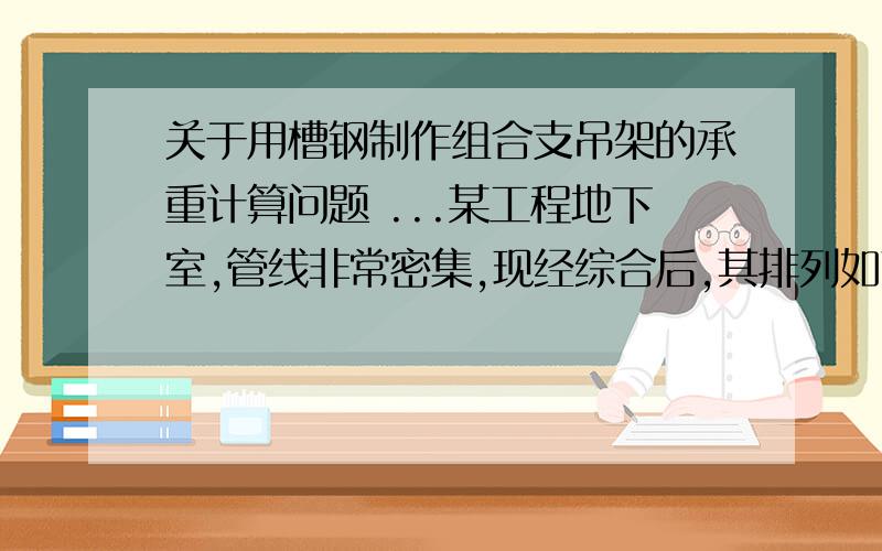 关于用槽钢制作组合支吊架的承重计算问题 ...某工程地下室,管线非常密集,现经综合后,其排列如下图所示： 支架方案采用12#槽钢制作,将其焊接在250*200*10的钢板上,每块钢板采用4个M16的膨胀