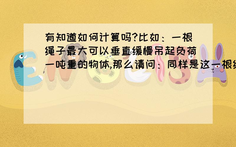 有知道如何计算吗?比如：一根绳子最大可以垂直缓慢吊起负荷一吨重的物体,那么请问：同样是这一根绳子,水平固定两端,正常拉直后,这根绳子上称重的物体是会加大?还是会减小?是大于一吨