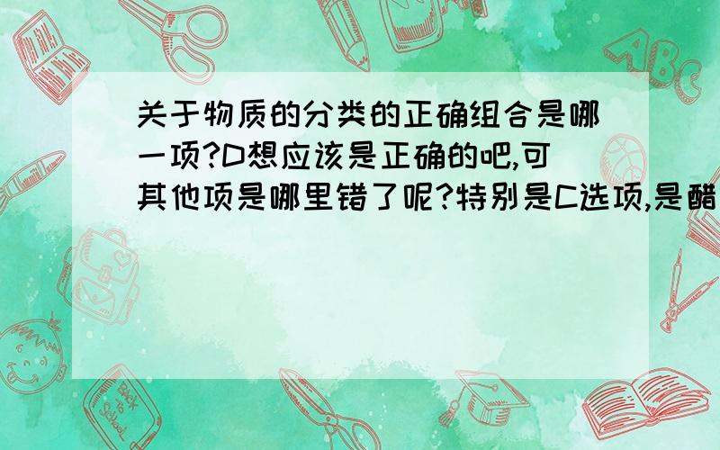 关于物质的分类的正确组合是哪一项?D想应该是正确的吧,可其他项是哪里错了呢?特别是C选项,是醋酸不对吗?可有些材料上说它有酸得通性啊.不解中,网不吝赐教,致谢!（图弄得不太好,抱歉）