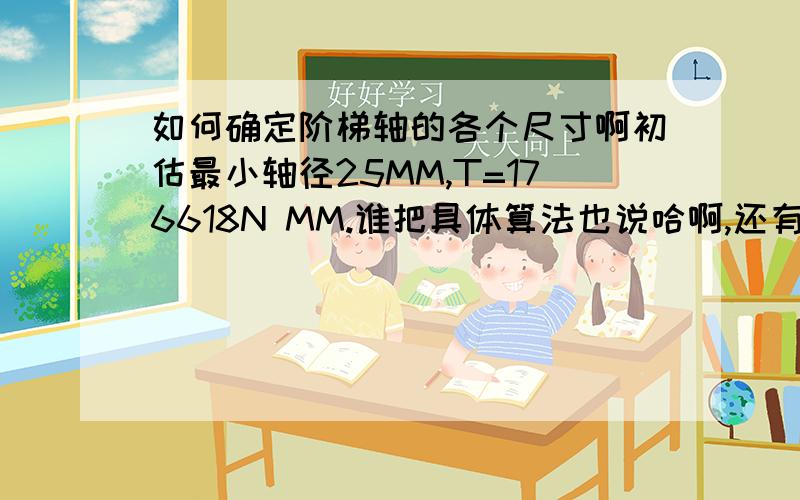 如何确定阶梯轴的各个尺寸啊初估最小轴径25MM,T=176618N MM.谁把具体算法也说哈啊,还有两个轴也要也用轴就是从左往右一次增大,一共6段,1和3上有中心孔 救命啊其他的我还没有设计,