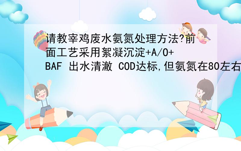 请教宰鸡废水氨氮处理方法?前面工艺采用絮凝沉淀+A/O+BAF 出水清澈 COD达标,但氨氮在80左右,怎么改进?请教宰鸡废水氨氮处理方法?前面工艺采用絮凝沉淀+A/O+BAF 出水清澈 COD达标,但氨氮在80左