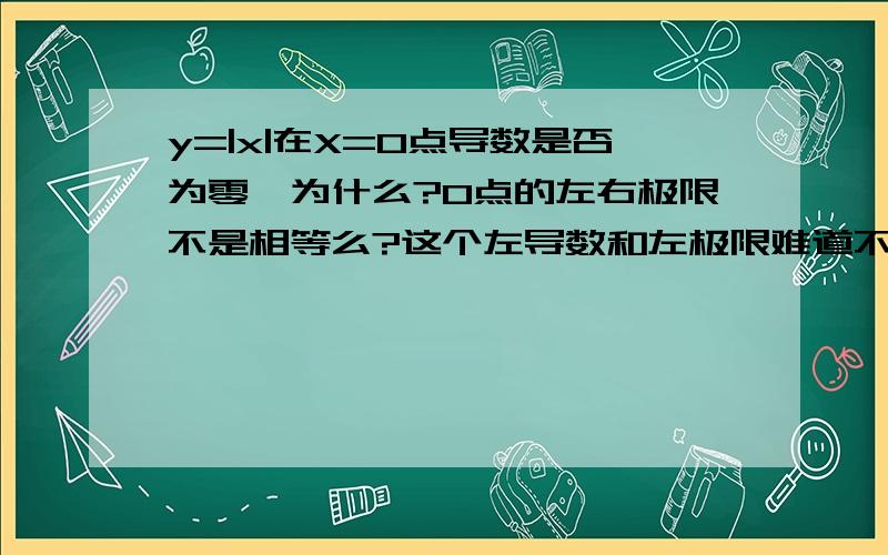 y=|x|在X=0点导数是否为零,为什么?0点的左右极限不是相等么?这个左导数和左极限难道不一样么？左导数怎么求？如果不是初等函数的话，用极限的方式怎么求？