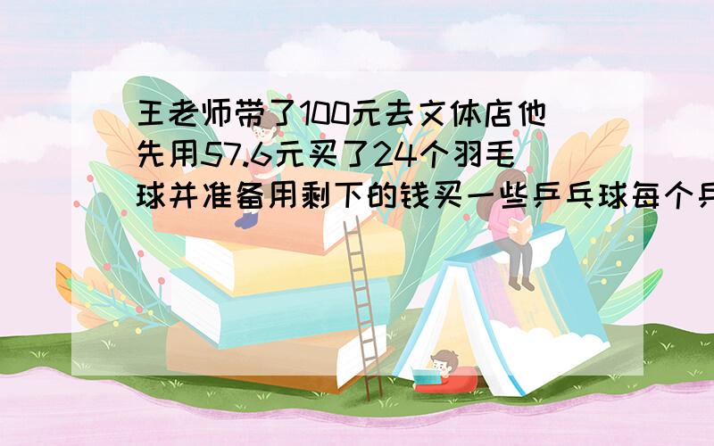 王老师带了100元去文体店他先用57.6元买了24个羽毛球并准备用剩下的钱买一些乒乓球每个乒乓球.3元王老师最多可以买多少个乒乓球?