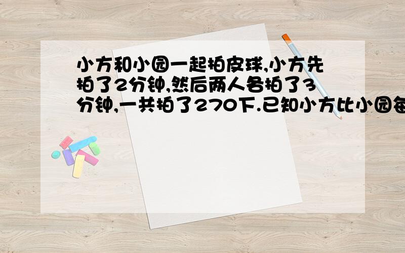 小方和小园一起拍皮球,小方先拍了2分钟,然后两人各拍了3分钟,一共拍了270下.已知小方比小园每分钟多拍6下,小方和小园每分钟各拍多少下?