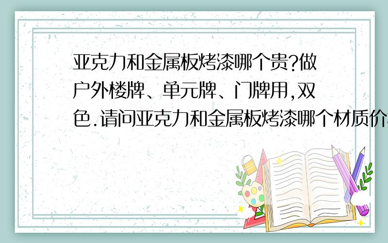 亚克力和金属板烤漆哪个贵?做户外楼牌、单元牌、门牌用,双色.请问亚克力和金属板烤漆哪个材质价格高?另外烦请内行说一下,哪个材质的信价比比较高.百度复制黏贴的朋友就不要辛苦了,我