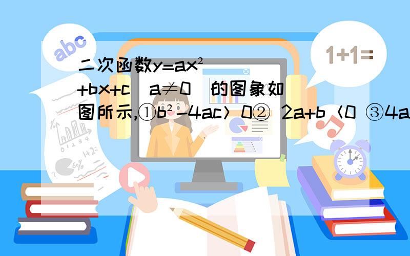 二次函数y=ax²+bx+c(a≠0)的图象如图所示,①b²-4ac＞0② 2a+b＜0 ③4a-二次函数y=ax²+bx+c(a≠0)的图象如图所示,①b²-4ac＞0② 2a+b＜0 ③4a-2b+c=0 ④a:b:c=-1:2:3,其中正确的是 A.①②  B.②③  C.