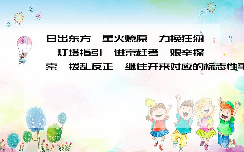 日出东方、星火燎原、力挽狂澜、灯塔指引、进京赶考、艰辛探索、拨乱反正、继往开来对应的标志性事件分别是