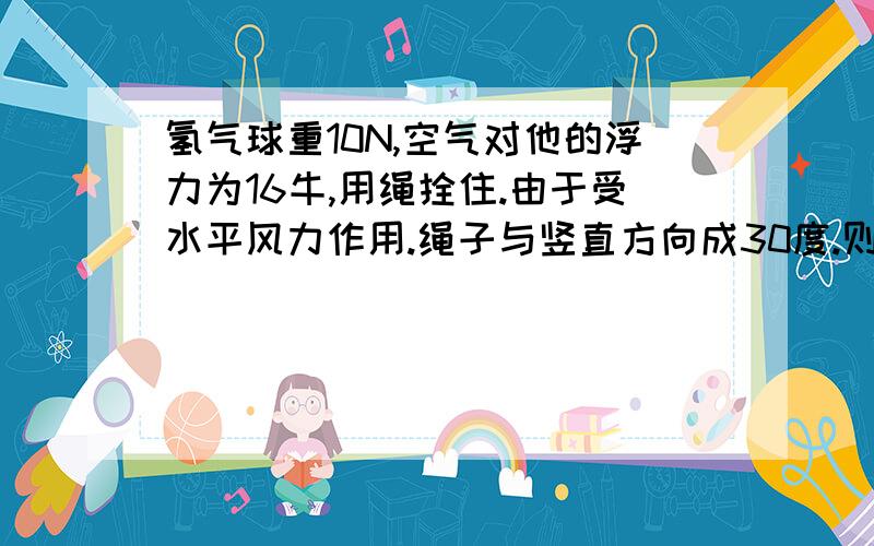 氢气球重10N,空气对他的浮力为16牛,用绳拴住.由于受水平风力作用.绳子与竖直方向成30度.则绳子的拉力急过程？？