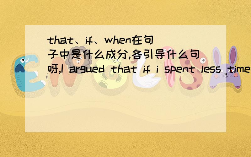 that、if、when在句子中是什么成分,各引导什么句呀,I argued that if i spent less time exhausting myself at exercises in the morning,i would keep my mind fresh for reading when i got home from work