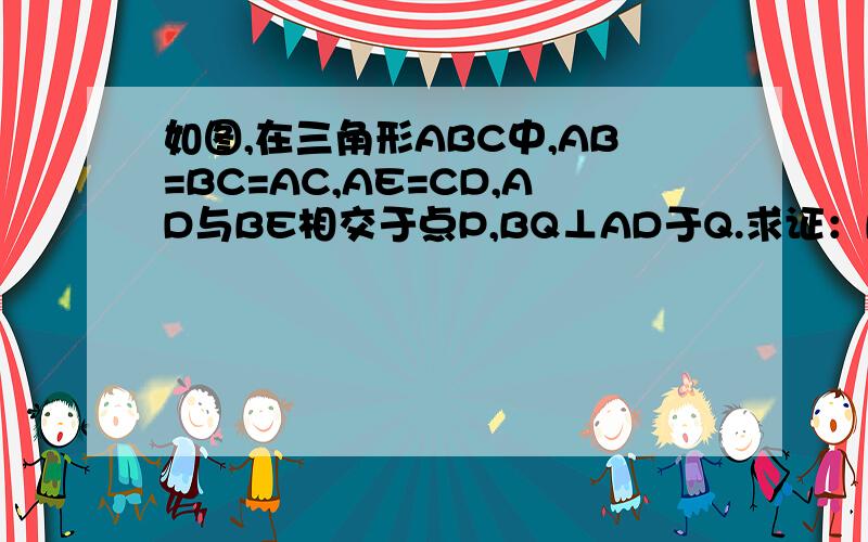 如图,在三角形ABC中,AB=BC=AC,AE=CD,AD与BE相交于点P,BQ⊥AD于Q.求证：BP=2PQ