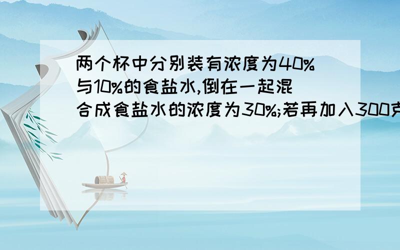 两个杯中分别装有浓度为40%与10%的食盐水,倒在一起混合成食盐水的浓度为30%;若再加入300克20%的食盐水,则浓度变成25%,那么原有40%的食盐水多少克?