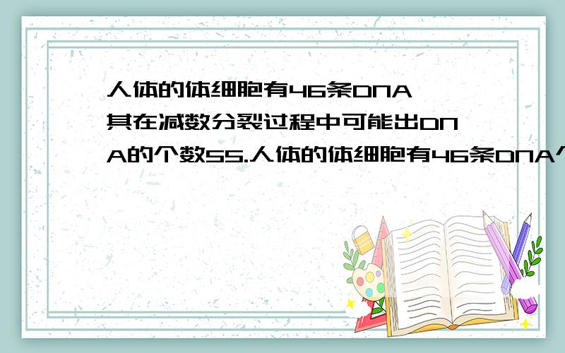 人体的体细胞有46条DNA,其在减数分裂过程中可能出DNA的个数55.人体的体细胞有46条DNA个,其在减数分裂过程中可能出DNA的个数是：A、23 B、46 C、69 D、92