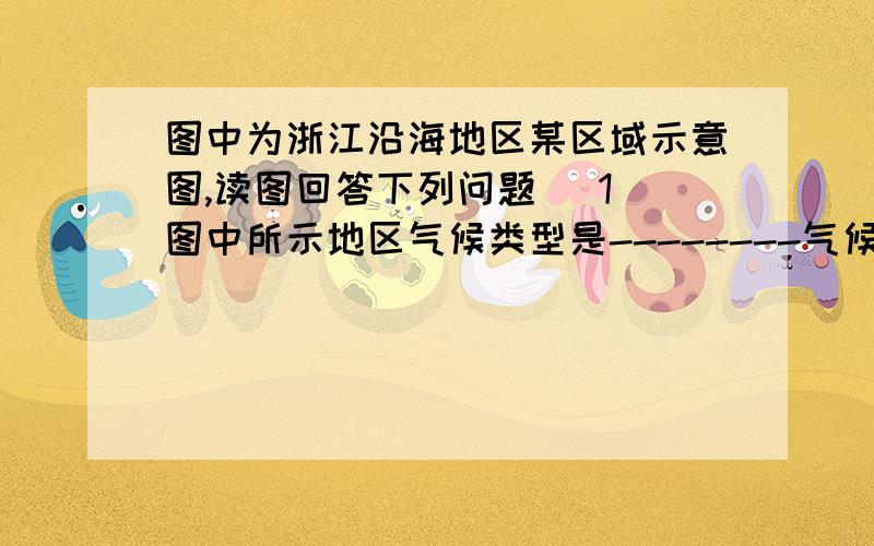 图中为浙江沿海地区某区域示意图,读图回答下列问题 （1）图中所示地区气候类型是--------气候；典型的地典型的地带性土壤是---------------壤.在农业土地利用方面,北部100米以上宜种植经济林