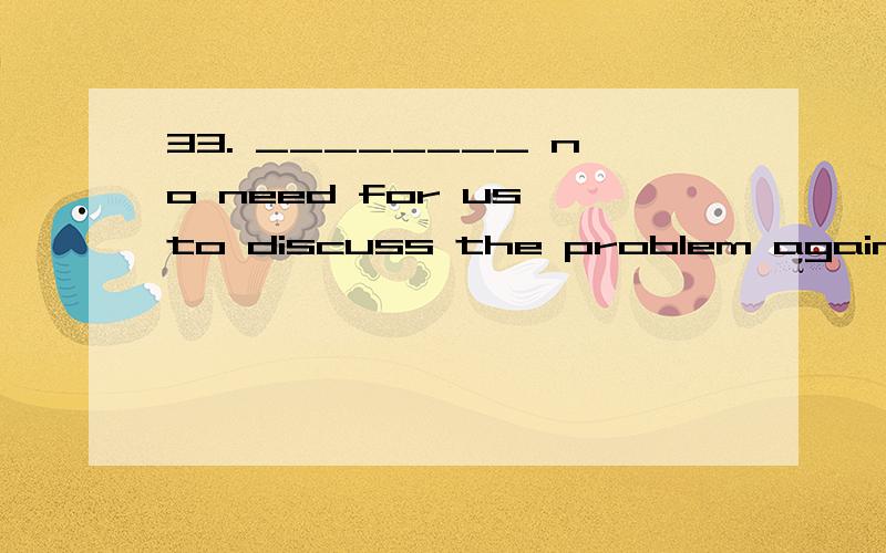 33. ________ no need for us to discuss the problem again since it has been settled.33.________ no need for us to discuss the problem again since it has been settled.A. It hasB. There hasC. It isD. There is