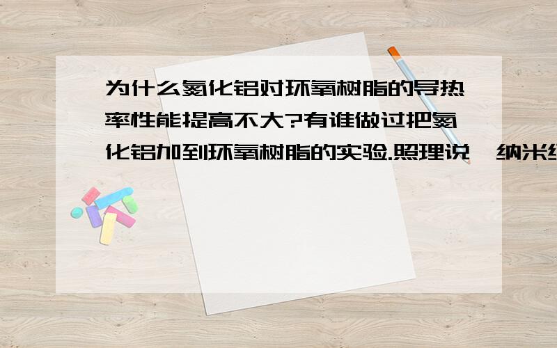 为什么氮化铝对环氧树脂的导热率性能提高不大?有谁做过把氮化铝加到环氧树脂的实验.照理说,纳米级别的氮化铝的导热系数是很好的.可是我做下来的导热系数的数据不高.这种氮化铝是经