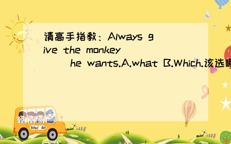 请高手指教：Always give the monkey __he wants.A.what B.Which.该选哪个,为什么?